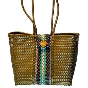 Maria Victoria Tomayo Chic Handcrafted Woven Tote Bag in Gold and Blue NWT